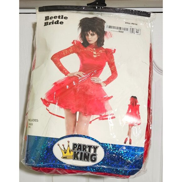Party King Beetle Bride Costume Red Wedding Dress Wig Veil Beetlejuice Lydia MD - Picture 1 of 9